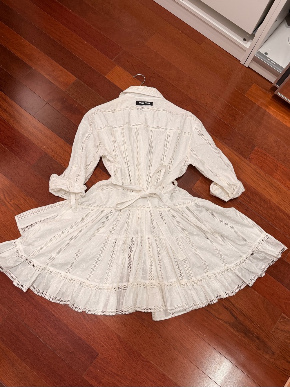 Miu Miu White Eyelet Tie-Waist Shirt Dress